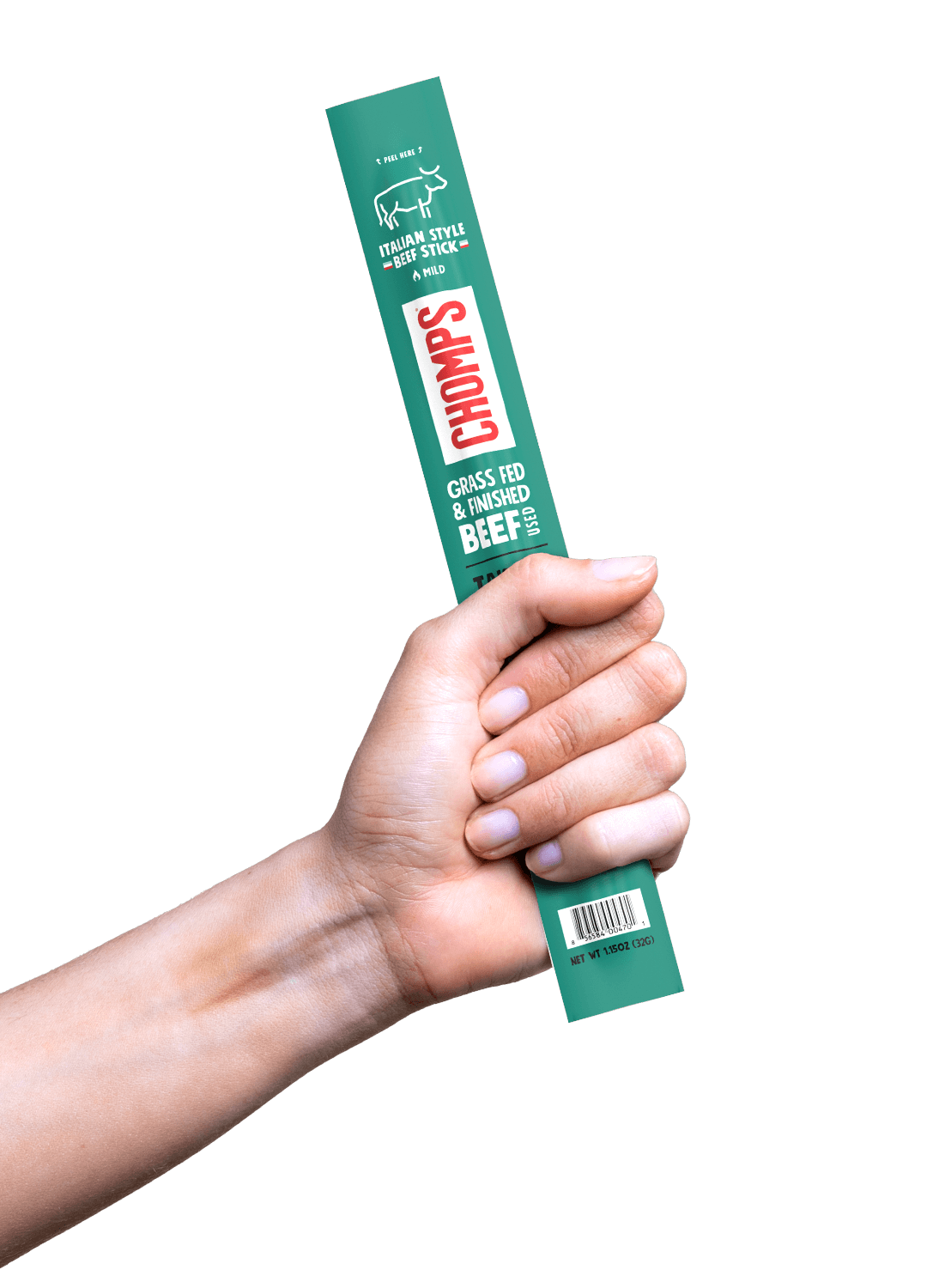 Hand holding Chomps Italian Style Beef meat stick