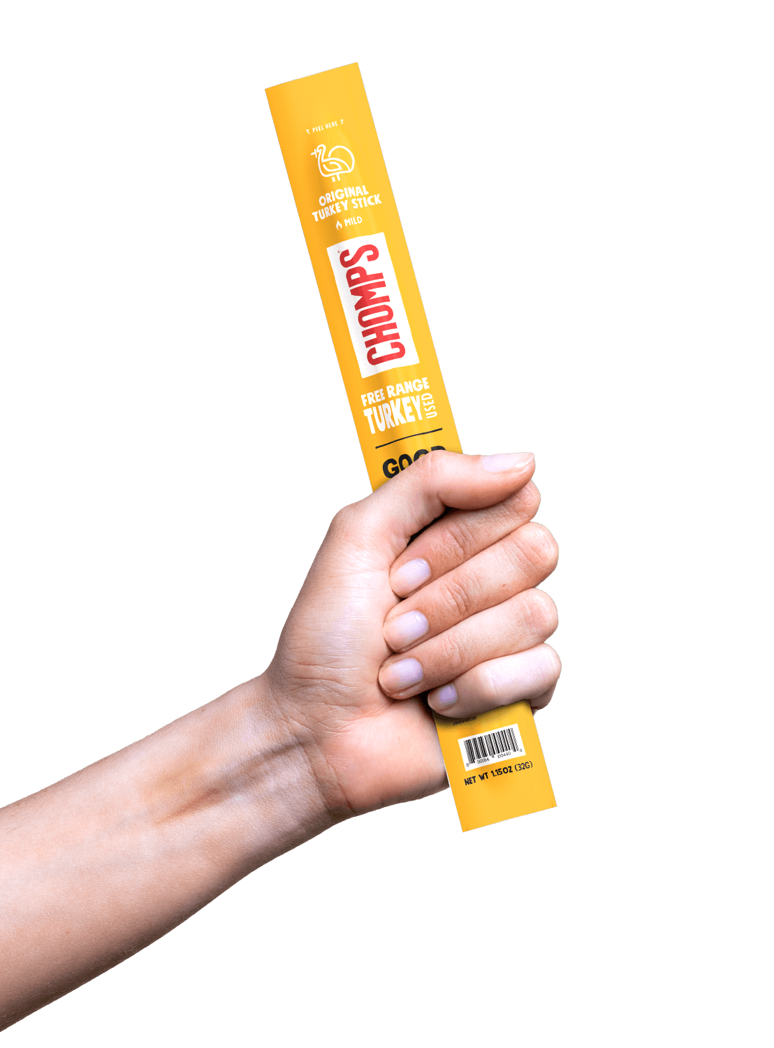 Hand holding Chomps Original Turkey meat stick