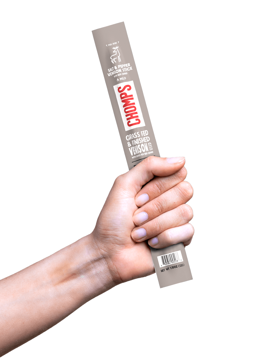 Hand holding Chomps Salt & Pepper Venison meat stick