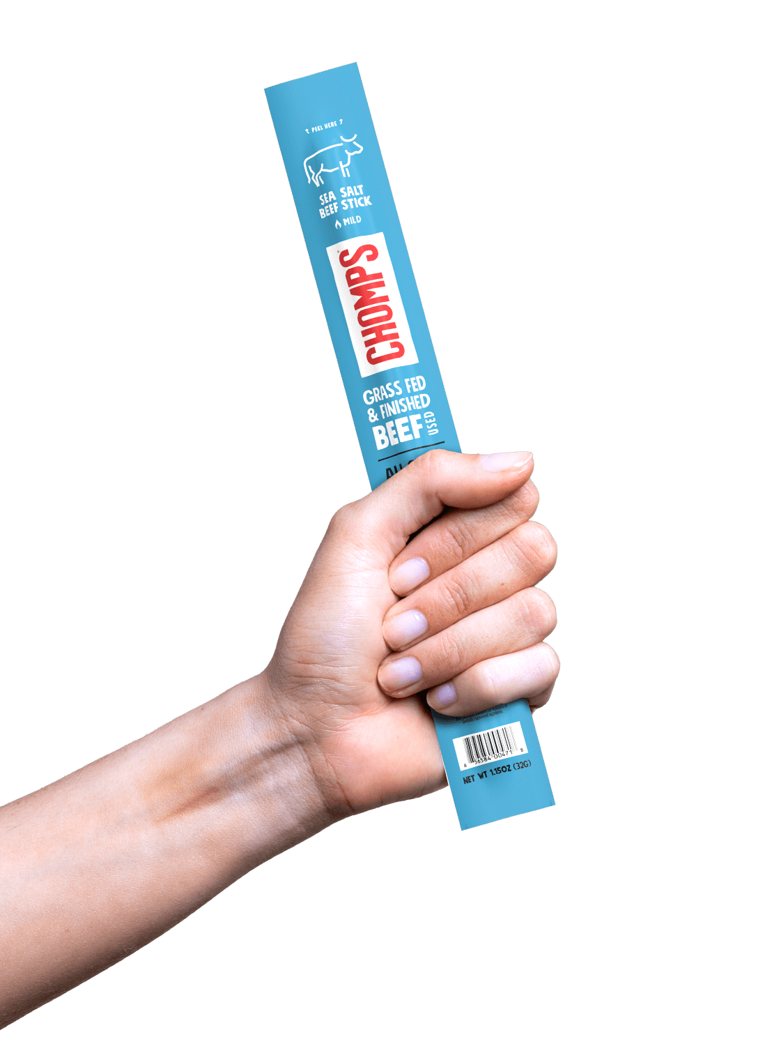 Hand holding Chomps Sea Salt Beef meat stick